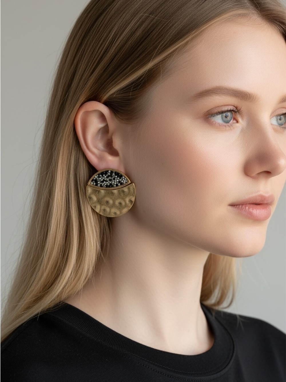 9/26 Gold-Tone Half Moon Beaded Statement Earrings - Black Bead Accent